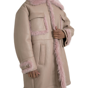 Dolce &amp; Gabbana Beige Pink Lamb Leather Shearling Coat Jacket