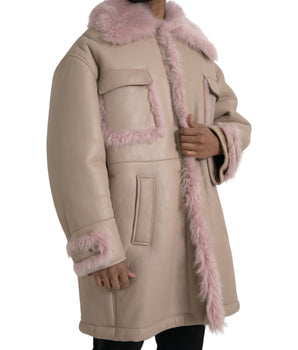 Dolce & Gabbana Beige Pink Lamb Leather Shearling Coat Jacket