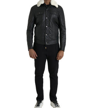 Dolce & Gabbana Black Leather Fur Collar Biker Coat Jacket