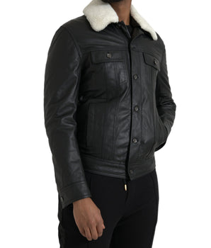 Dolce & Gabbana Black Leather Fur Collar Biker Coat Jacket