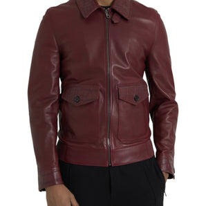 Dolce & Gabbana Maroon Exotic Leather Zip Biker Coat Jacket