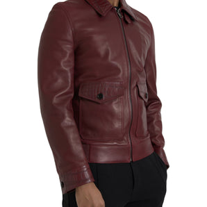 Dolce &amp; Gabbana Maroon Exotic Leather Zip Biker Coat Jacket