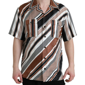 Dolce &amp; Gabbana Brown White Silk Striped Short Sleeve Shirt