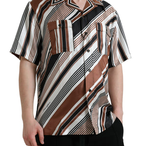 Dolce &amp; Gabbana Brown White Silk Striped Short Sleeve Shirt