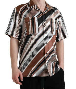 Dolce & Gabbana Brown White Silk Striped Short Sleeve Shirt