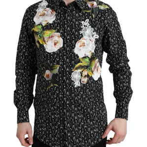 Dolce &amp; Gabbana Black Floral Men Formal Dress GOLD Shirt