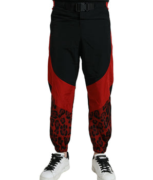 Dolce & Gabbana Black Red Leopard Print Nylon Jogger Pants