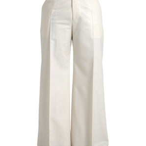 Dolce &amp; Gabbana White Wool Wide Leg Mid Waist Pants