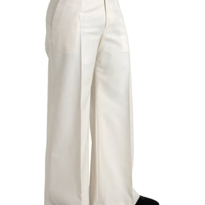 Dolce &amp; Gabbana White Wool Wide Leg Mid Waist Pants