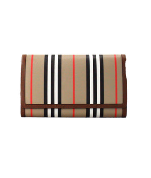 Burberry Hannah Icon Stripe Archive Tan E-Canvas Leather Wallet Crossbody Bag