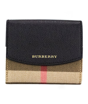 Burberry Luna Black Grained Leather House Check Canvas Coin Pouch Snap Wallet