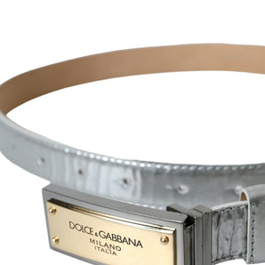 Dolce &amp; Gabbana Silver Leather Metal Logo Buckle Belt Men