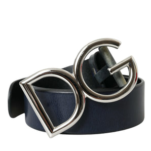 Dolce &amp; Gabbana Blue Leather Silver Metal Logo Buckle Belt Men