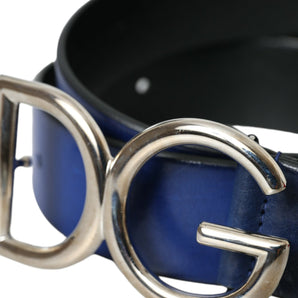 Dolce & Gabbana Blue Leather Silver Metal Logo Buckle Belt Men