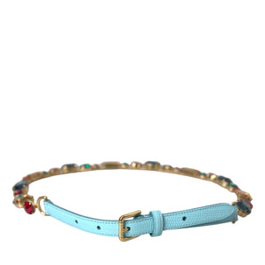 Dolce &amp; Gabbana Light Blue Leather Crystal Chain Waist Belt