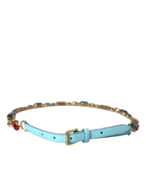 Dolce & Gabbana Light Blue Leather Crystal Chain Waist Belt
