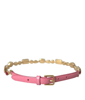 Dolce & Gabbana Pink Leather Crystal Chain Embellished Belt