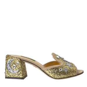 Dolce & Gabbana Gold Sequin Leather Heels Sandals Shoes