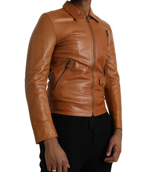 Dolce & Gabbana Brown Lamb Leather Full Zip Blouson Jacket