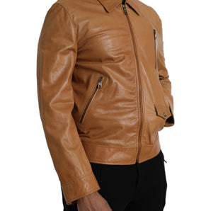 Dolce & Gabbana Brown Lamb Leather Full Zip Blouson Jacket