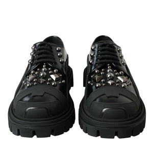 Dolce & Gabbana Black Leather Studded Trekking Sneakers Shoes