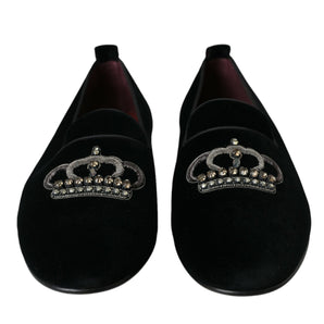 Dolce &amp; Gabbana Black Velvet Crystal Crown Men Loafers Shoes