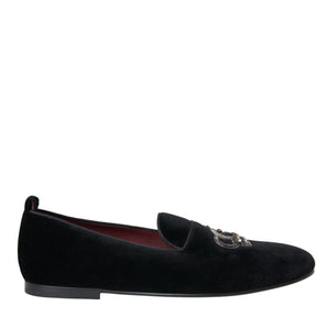 Dolce & Gabbana Black Velvet Crystal Crown Men Loafers Shoes