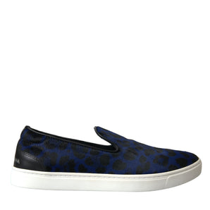 Dolce &amp; Gabbana Blue Calfskin Hair Leopard Sneakers Shoes