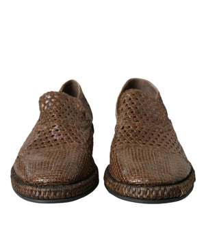 Dolce & Gabbana Brown Woven Leather Loafers Casual Shoes