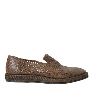 Dolce &amp; Gabbana Brown Woven Leather Loafers Casual Shoes