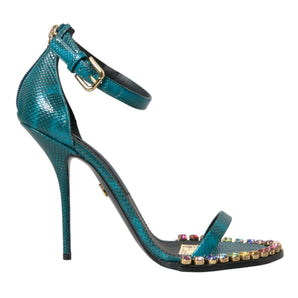 Dolce &amp; Gabbana Blue Exotic Leather Crystal Sandals Shoes