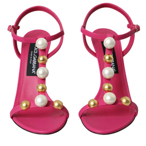 Dolce & Gabbana Pink Embellished Leather Sandals Heels Shoes