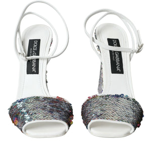 Dolce &amp; Gabbana White Silver Sequin Ankle Strap Sandals Shoes