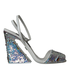 Dolce &amp; Gabbana White Silver Sequin Ankle Strap Sandals Shoes