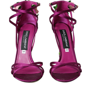 Dolce &amp; Gabbana Purple Flower Satin Heels Sandals Shoes