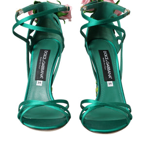 Dolce & Gabbana Green Flower Satin Heels Sandals Shoes