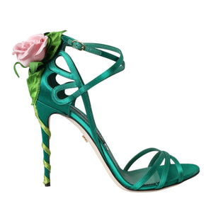 Dolce &amp; Gabbana Green Flower Satin Heels Sandals Shoes