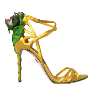 Dolce &amp; Gabbana Yellow Flower Satin Heels Sandals Shoes