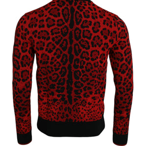 Dolce &amp; Gabbana Red Leopard Wool Crew Neck Pullover Sweater