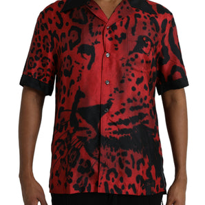 Dolce &amp; Gabbana Red Leopard Silk Button Down Casual Shirt