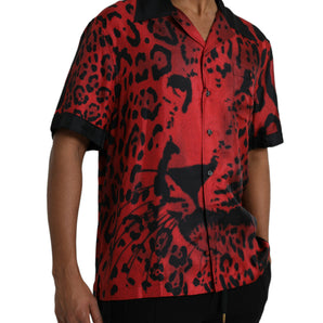 Dolce &amp; Gabbana Red Leopard Silk Button Down Casual Shirt