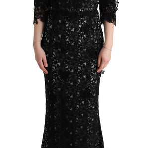 Dolce &amp; Gabbana Elegante vestido recto largo negro con apliques florales