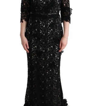 Dolce & Gabbana Elegant Black Maxi Shift Dress with Floral Applique Dolce & Gabbana 