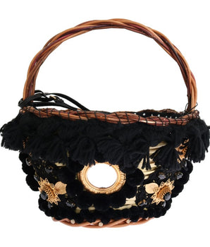 Dolce &amp; Gabbana Beige Straw Snakeskin Pom Pom Crystal AGNESE Bag