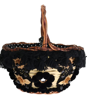 Dolce &amp; Gabbana Beige Straw Snakeskin Pom Pom Crystal AGNESE Bag