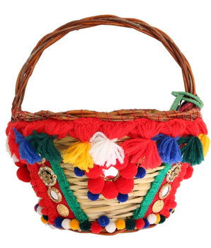 Dolce &amp; Gabbana Multicolor AGNESE Straw Crystal Pom Pom Bag