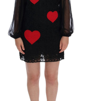 Dolce & Gabbana Elegant Black Lace Heart Applique Shift Dress Dolce & Gabbana 