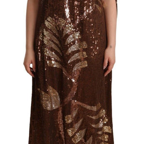 Dsquared² Brown Leaf Sequined Shift One Shoulder Long Dress