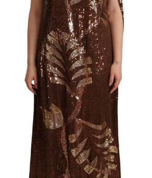 Dsquared² Brown Leaf Sequined Shift One Shoulder Long Dress