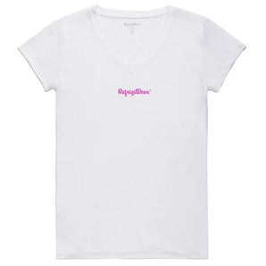 Camiseta elegante con cuello en V y logo de Refrigiwear en blanco prístino